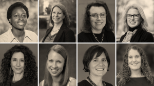 Collage of Academic Leadership Fellow portraits. From top left: Priscilla Layne, Stefanie Ferreri, Kelly Giovanello, Lauren Leve, Michal Osterweil, Sarah Treul Roberts, Gabriela Valdivia, Ariana Vigil.