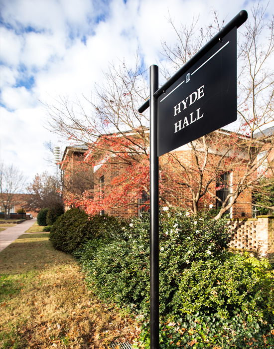 The sign outside Hyde Hall in the fall