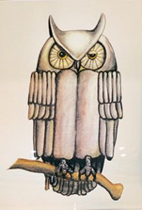 Illustration of an owl with one eye slightly closed as it perches on a small branch.