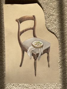 Illustrated close up of a desk in the Jane Austen's Desk project, with a figure of a chair and an embroidery hoop.