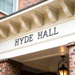 The awning to the campus-facing entrance of Hyde Hall, bearing the building's name.